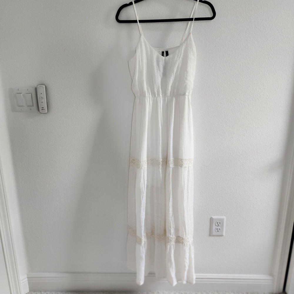 White Lace Trim Maxi‎ Dress Spaghetti Strap Bohemian Resort Size M
